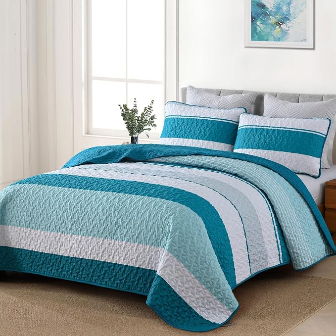 Dinjoy Queen Boho Striped Quilt Set, Teal Lightweight Bedspread Bedding | Soft - Image 3
