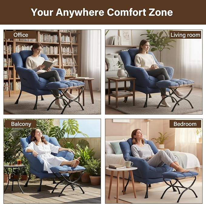 Welnow Lazy Chair with Ottoman, Reading Chair with Footrest, Royal Blue | A - Image 7
