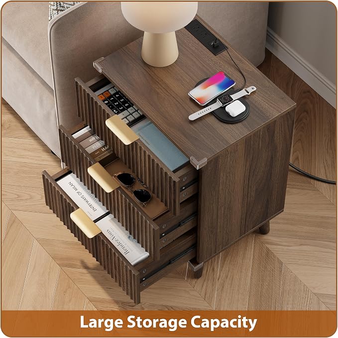 Wood Nightstands Set of 2 w/Charging Station, 3 Drawers Fluted Dresser | Walnut - Image 5