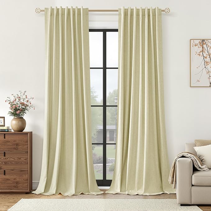 100% Blackout Linen Curtains for Bedroom 96 inches Long, Thermal Insulated Room by Guken