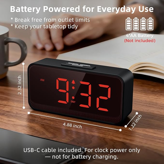 Battery Operated Small Alarm Clock: Compact Cordless Design | Digital Large - Image 3