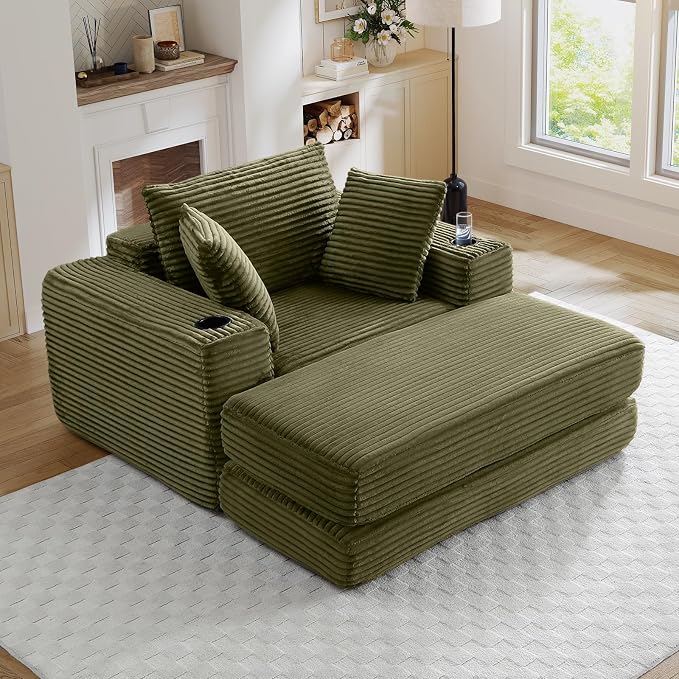 Oversized Chaise Lounge Chair Indoor, 52.4"W Corduroy Upholstered Fluffy Comfy by JEEOHEY