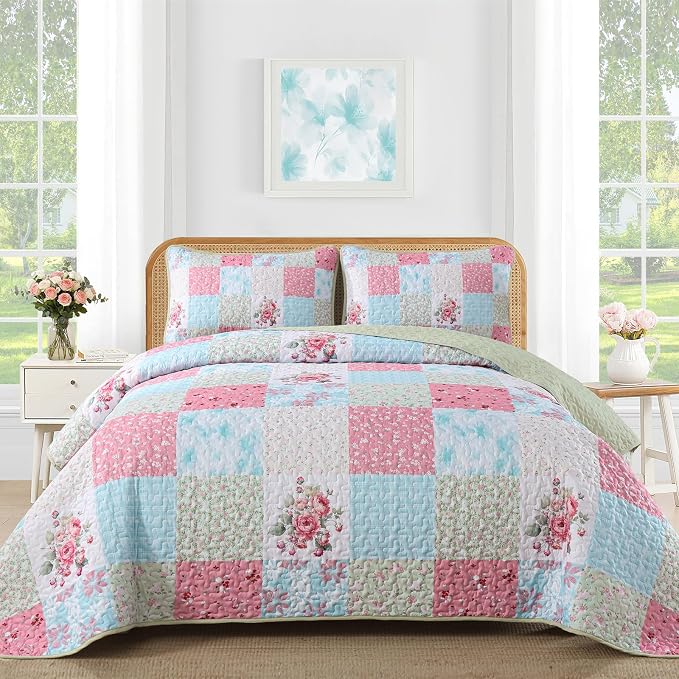 Mybedsoul Blue Pink Patchwork Queen Size Quilt, Soft Boho Floral Spring by Mybedsoul
