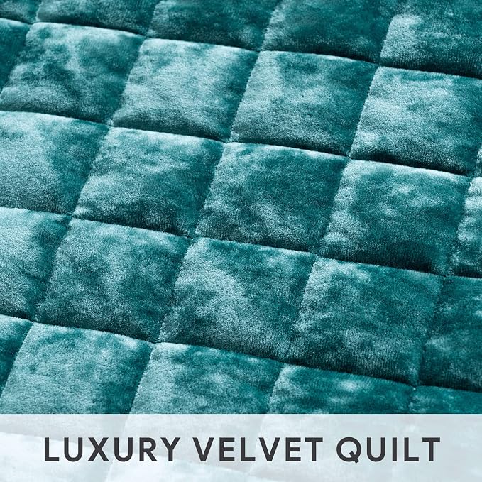RECYCO Channel Box Stitch Velvet Quilt Set, King Size, Teal | Ultra Soft - Image 4