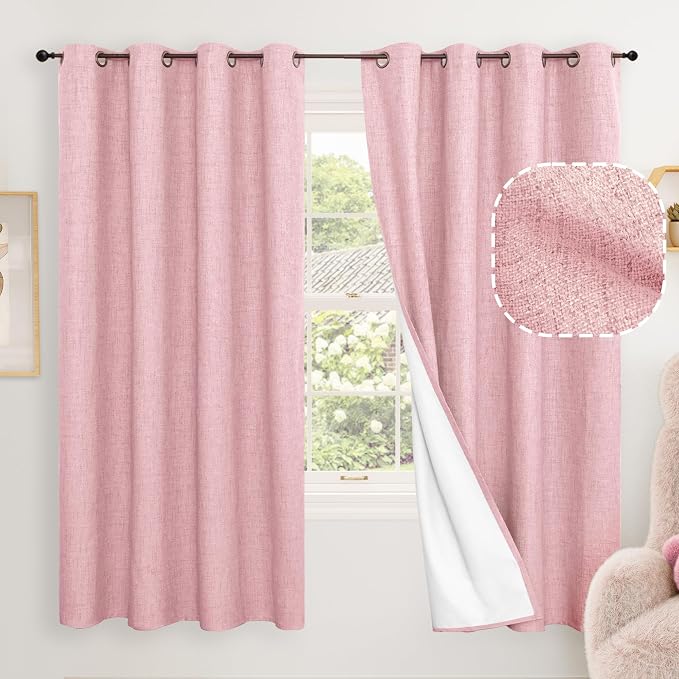 Baby Pink Linen Blackout Curtains 63" Long Each 60 Wide 2 Panels | Thermal by Lajode