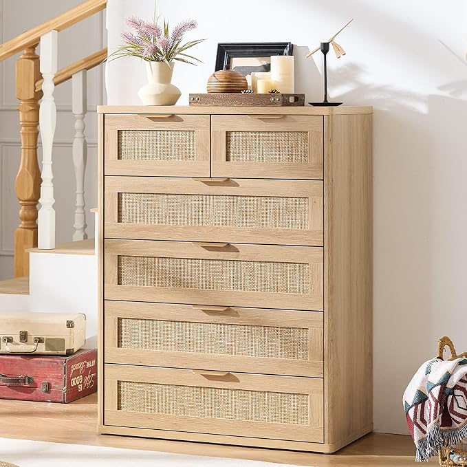 LEYAOYAO Rattan Dresser for Bedroom, Oak Modern 6 Drawers Boho Dressers - Image 9