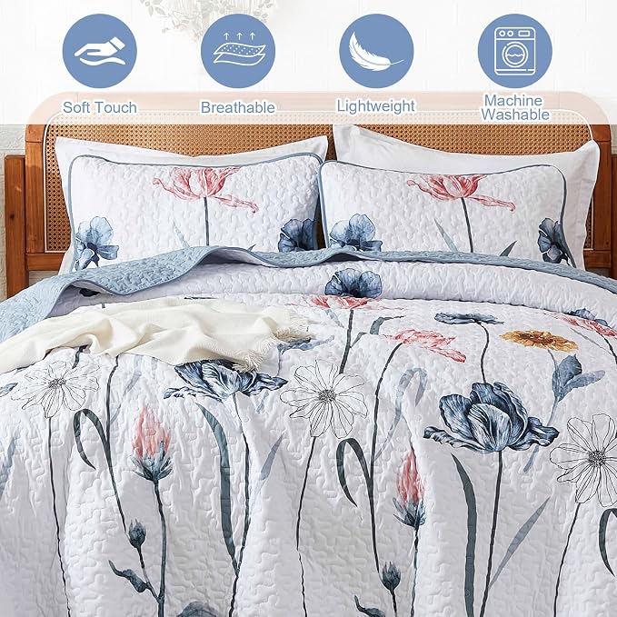 WONGS BEDDING Queen Size Quilt Set, 3-Piece Lightweight Botanical Bedspread | - Image 7