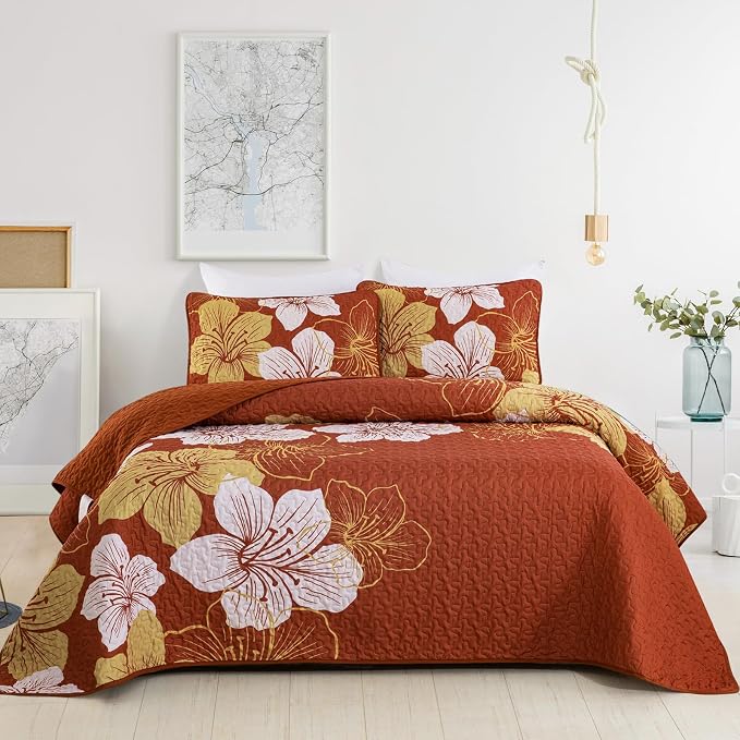 DJY 3 Pieces Fall Quilt Set California King Gold Floral Pattern Quilt Coverlet by HOME