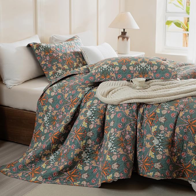 QSH 100% Cotton Floral Quilt Sets Queen Bedding Set-3PCs Luxury Paisley - Image 4