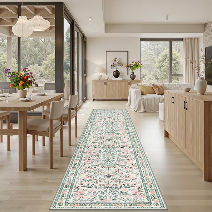 PLHXFR 3x10 Washable Runner Rug：Floral Indoor Kitchen Carpet Green Beige | - Image 4