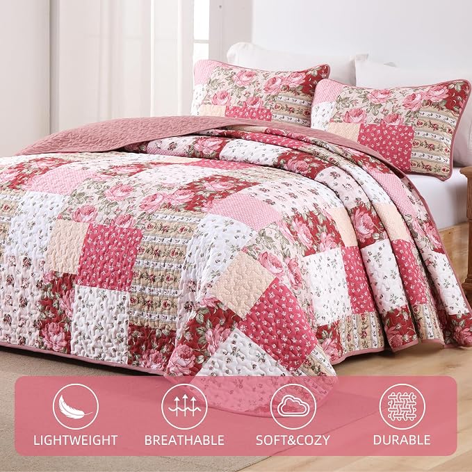 Anibedding Floral Patchwork Quilt Set King Size, Soft Lighweight Farmhouse - Image 2