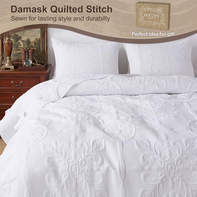 White Damask Quilt California Cal King Size Bedding Sets - Image 4