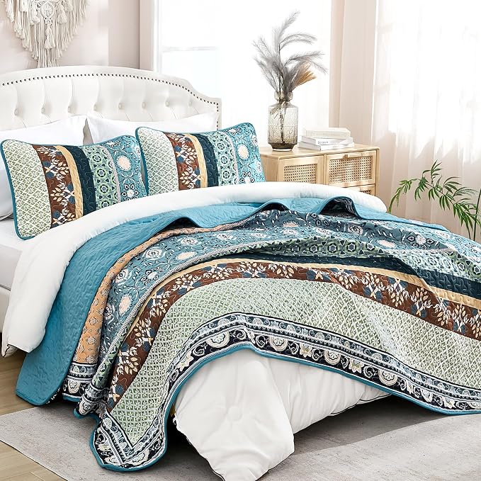 Yiran Blue Boho Quilt Set Queen Size, Summer Patchwork Bedspreads | Bohemia - Image 7