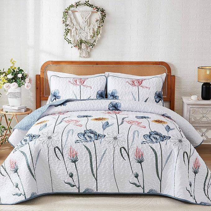 WONGS BEDDING King Size Quilt Set, 3-Piece Lightweight Botanical Bedspread | by WONGSBEDDING