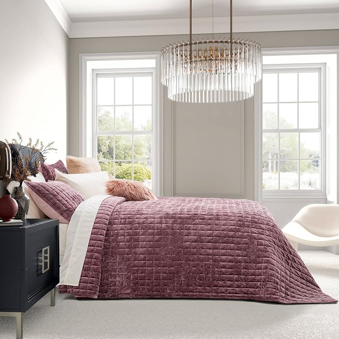 RECYCO Channel Box Stitch Velvet Quilt Set, Twin Size, Dusty Mauve Pink | Ultra - Image 3