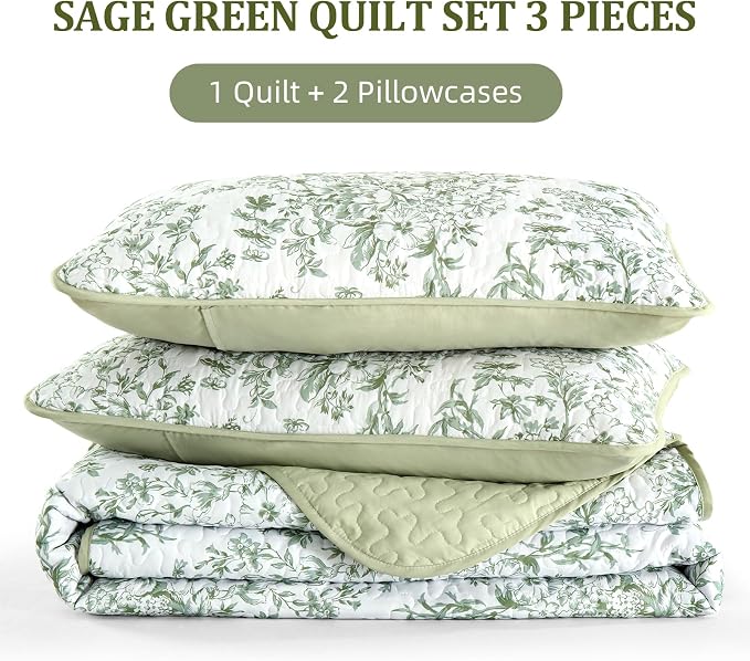 WONGS BEDDING California King Quilt Set, Sage Green Botanical Lightweight | - Image 7