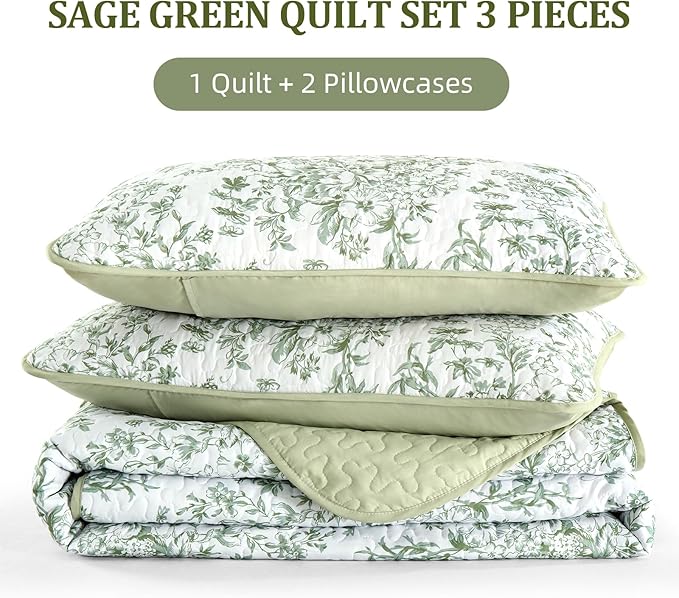 WONGS BEDDING Botanical Queen Size Quilt, 3 Pieces Bedspread Set, Sage Green | - Image 7