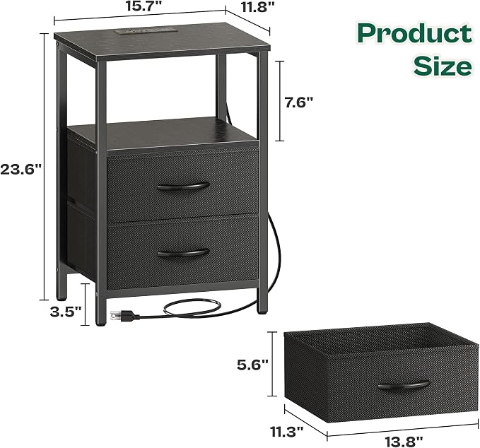 Huuger Night Stand with Charger Station and LED Lights, 2 Drawer Nightstand | - Image 3