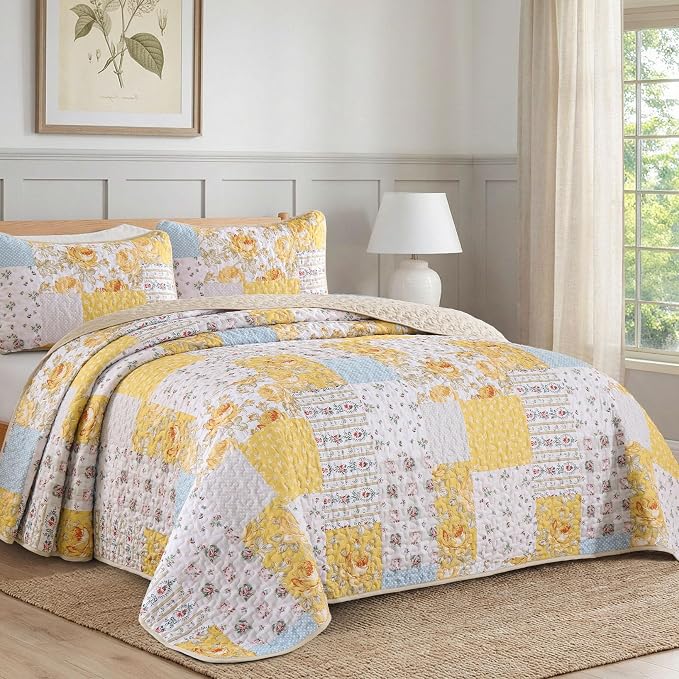 Yellow Patchwork Quilt Set King Size, Rose Floral Plaid Bedspread | 3 Pcs - Image 2