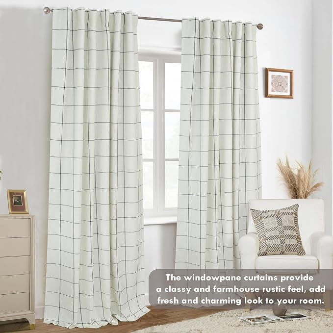 DriftAway 100% Blackout Windowpane Plaid Linen Curtains 45 Inches Black | - Image 8