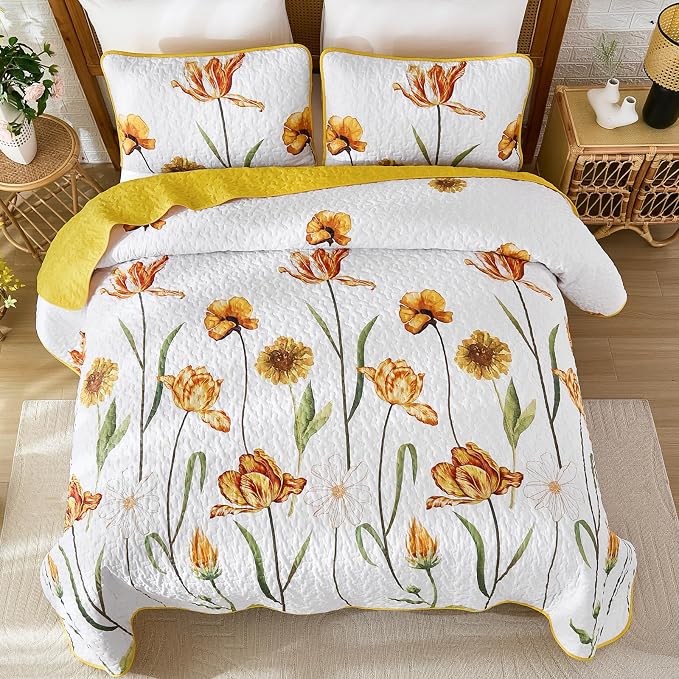WONGS BEDDING Yellow Quilt Set Queen Size, Colorful Floral Quilt Set - Image 3