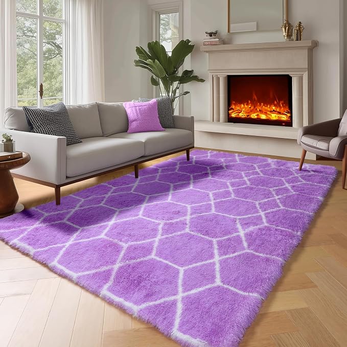 5x7 Area Rugs for Living Room Bedroom, Fluffy Purple and White Throw Rug by ONASAR