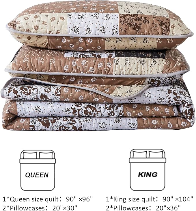Mybedsoul Patchwork Quilt Set Queen Size, 3 Pieces Brown Floral Plaid Patchwork - Image 7