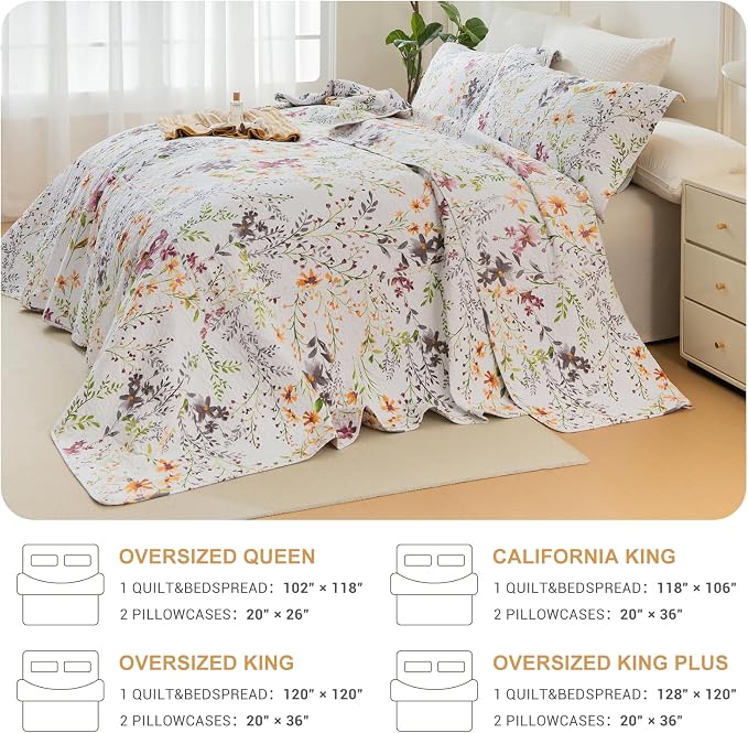 QSH 100% Cotton Quilt Oversized King Set-3Pcs Floral Bed Quilt California King - Image 4