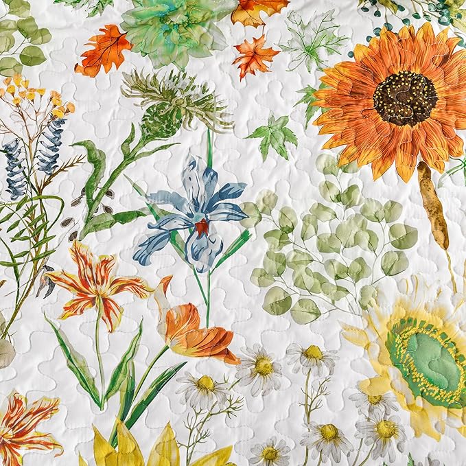 Yiran Sage Green Full Size Quilt, Sunflower Floral Bedspread Bedding Set | 3 - Image 5