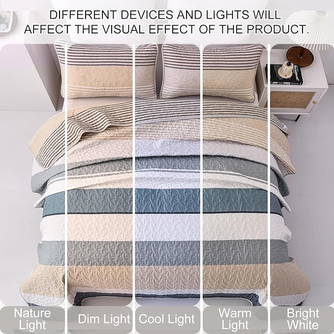 Dinjoy King Boho Striped Quilt Set, Khaki Lightweight Bedspread Bedding | Soft - Image 4