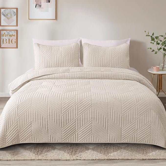 Exclusivo Mezcla Ultrasonic Full Queen Quilt Bedding Set, Brich Beige | - Image 2