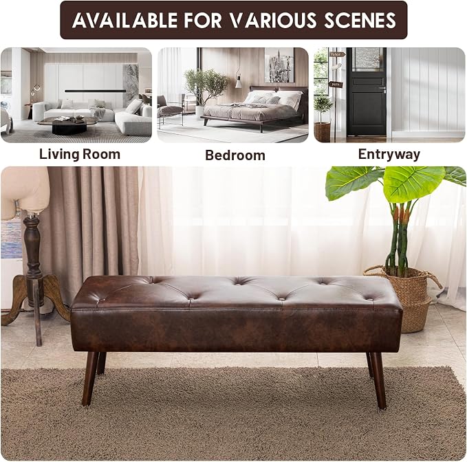 44 Inch Tufted Bench, Leather Footrest Bedroom Bench Seat, Upholstered Leather - Image 7