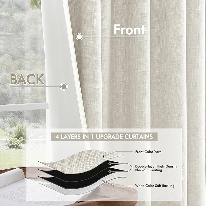 MIULEE 100% Blackout Back Tab Pleat Linen Curtains 50" Wx96 L, Ivory | 2 Panels - Image 5