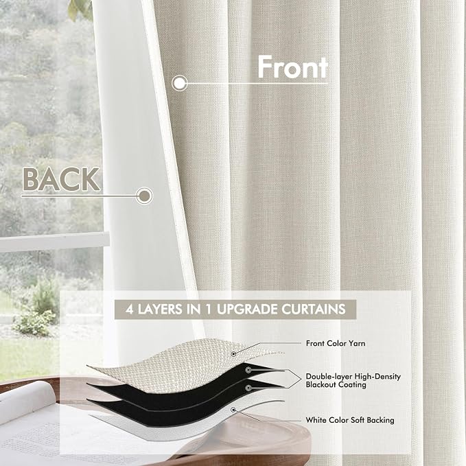 MIULEE 100% Blackout Back Tab Pleat Linen Curtains 50" Wx84 L, Ivory | 2 Panels - Image 5