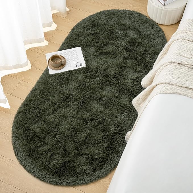 Goideal Fluffy Bedroom Rug, Small Oval Area Rugs, Olive Green Shag Bedside - Image 4