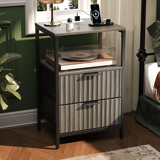 VINGLI Night Stand Set 2 with Charging Station and Fabric Drawers, Fluted Grey - Image 9