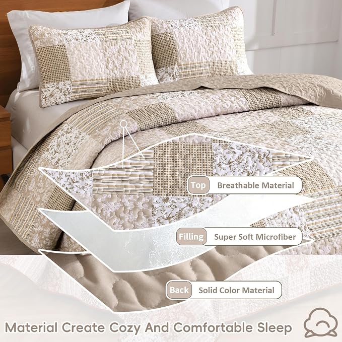 Mybedsoul Beige Boho Quilt Set Full Size, 3 Pieces Plaid Floral Bedspread Set - Image 3