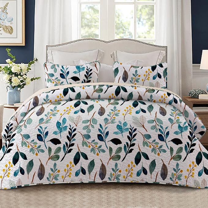 Whale Flotilla California King Size Quilt Set, Soft Floral Leaf Bedspreads | by WHALEFLOTILLA