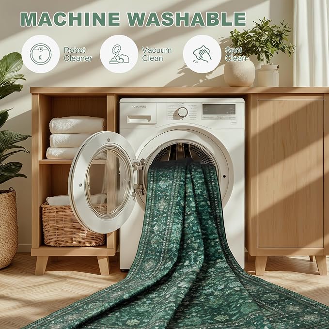 Round Area Rug for Living Room: 4ft Boho Washable Rug Deep Green | Vintage Boho - Image 7