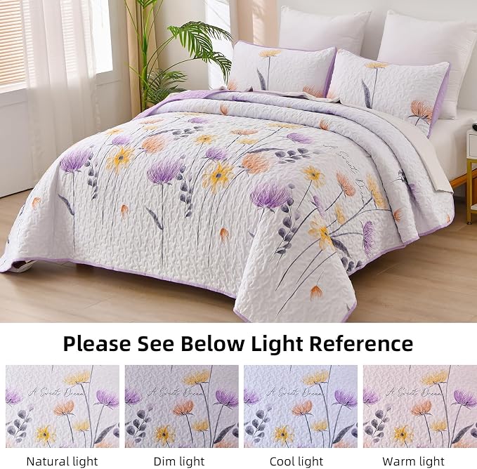 Dinjoy Floral Quilt Set Queen, 3 Pieces Purple Flower Bedspread Coverlet | Soft - Image 3