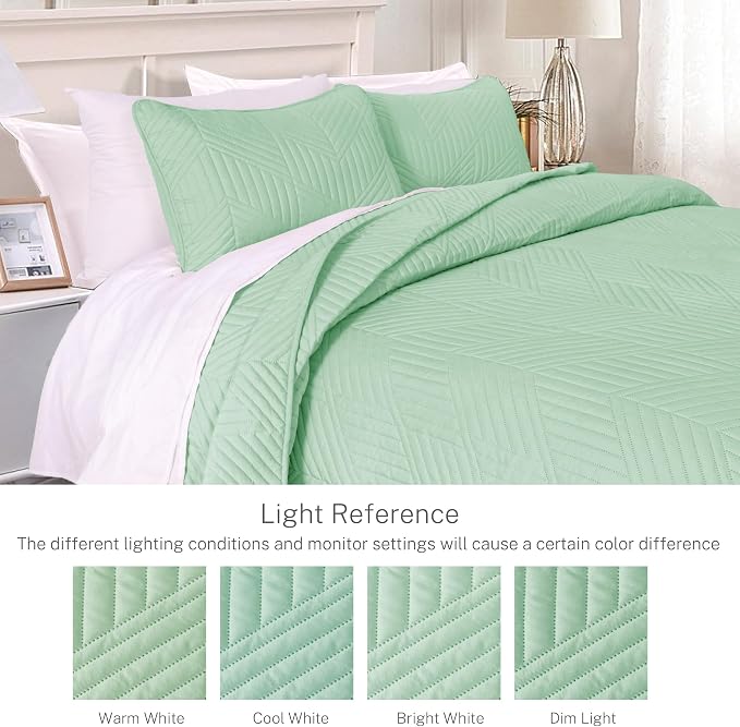 Exclusivo Mezcla Ultrasonic Full Queen Quilt Bedding Set, Mint Green | - Image 3