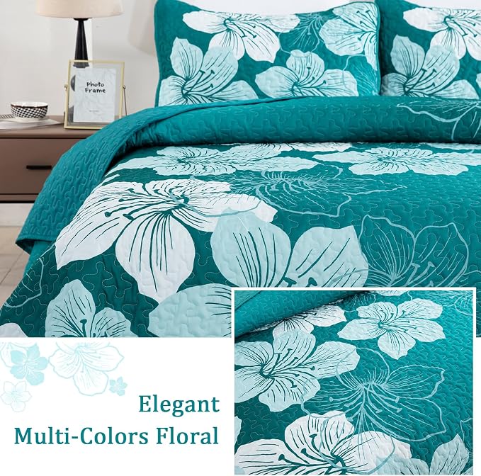 DJY Floral Queen Quilt Set Gradient Green Floral Quilt Coverlet Set 3 Pieces - Image 3