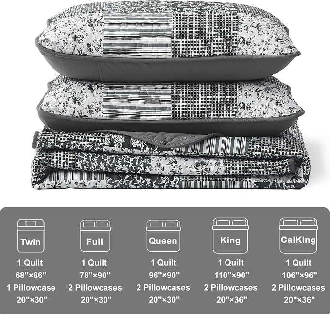Mybedsoul Black Grey Boho Quilt Set Queen Size, 3 Pieces Plaid Floral Bedspread - Image 5