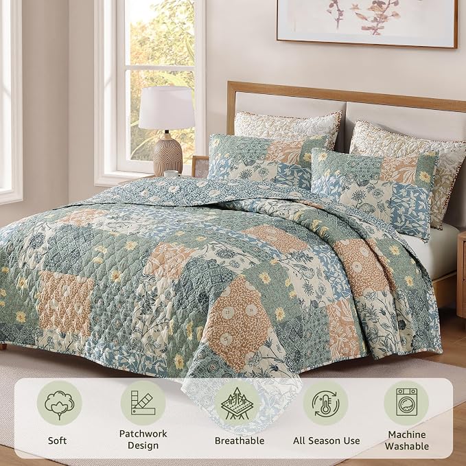 King Size Quilt Set-3 Pieces Soft King Bedspread Floral Patchwork Quilt | - Image 3