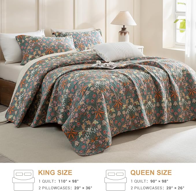 QSH 100% Cotton Floral Quilt Sets Queen Bedding Set-3PCs Luxury Paisley - Image 5