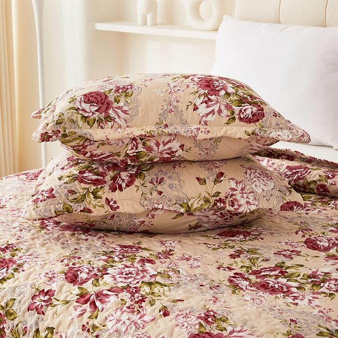 Cmfshape Summer Floral Queen Quilted Bedspread, Romantic Red Quilt Set - Image 7