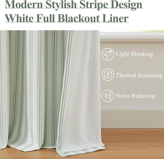 ZJDECOR 72 Inch Green White Striped Full Blackout Curtain Panels | Stripe on - Image 3