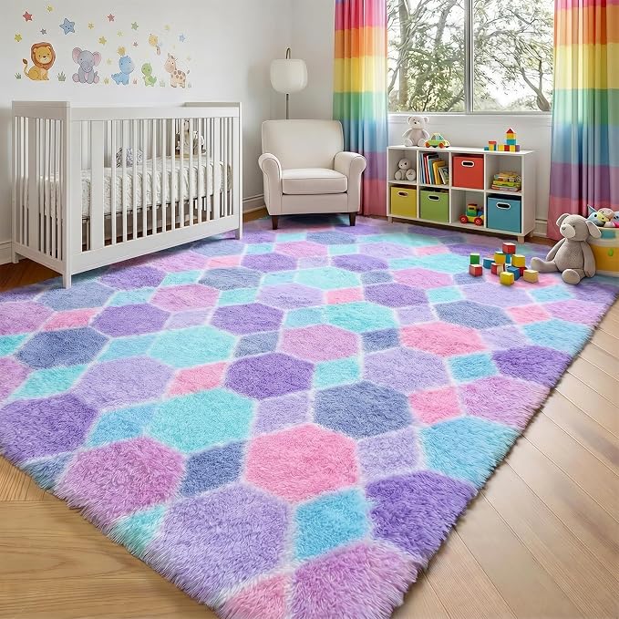 Checkered 6x9 Area Rugs for Living Room, Fluffy Purple Rainbow Colorful Rug for - Image 9