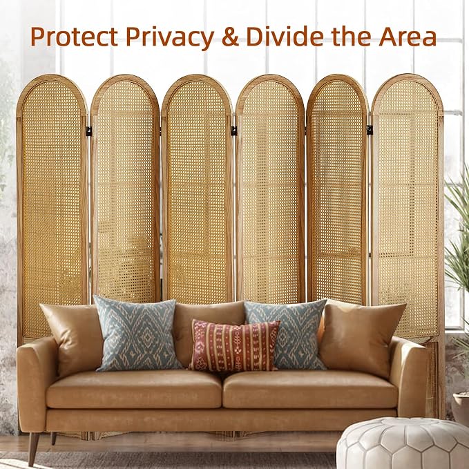 6 Panel Room Dividers and Folding Privacy Screens, Hand-Made Rattan Room Divider - Image 5