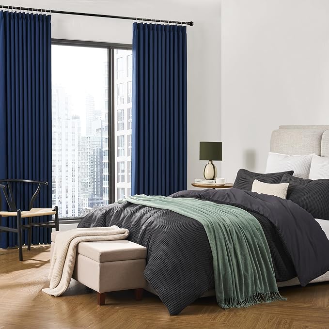 Dark Navy Blue Pleated Blackout Curtains 2 Panels Set, Thermal Insulated Room - Image 4